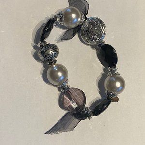 Fun stylish black, silver + pearl bracelet